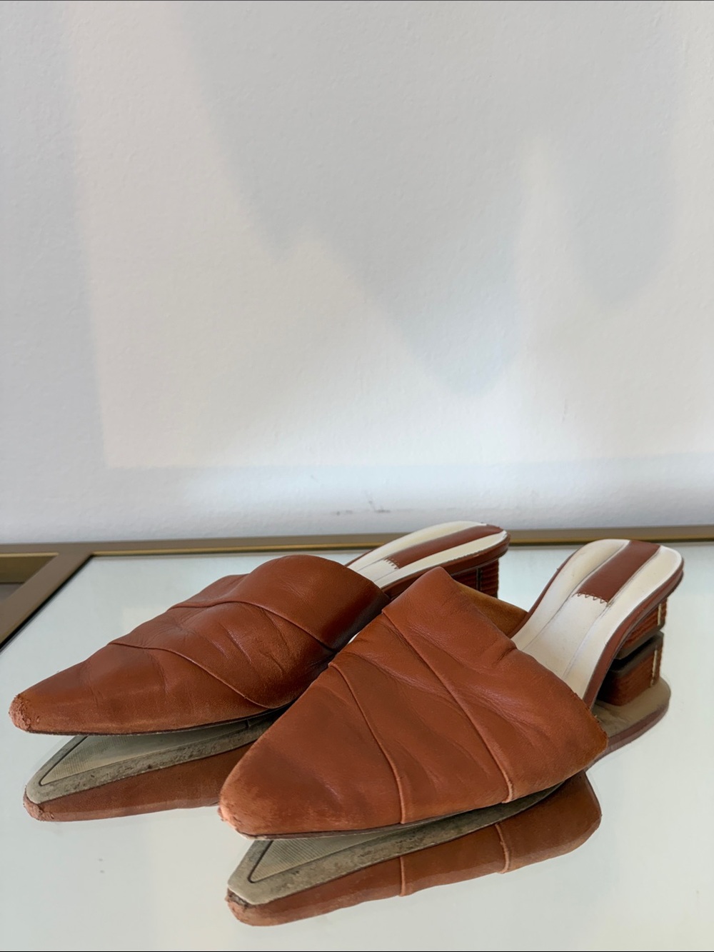 Franco Sarto Tan Leather Pointed Ruched Mules